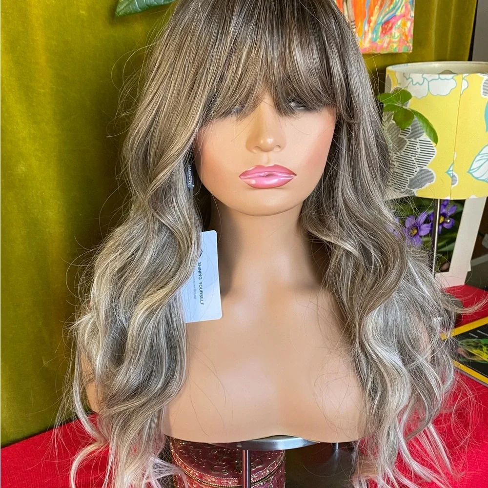 Ash tones brunette blonde wig with bangs